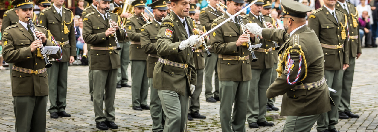 Exhibiční jednotka Čestné stráže během společného vystoupení s Vojenskou hudbou Olomouc.